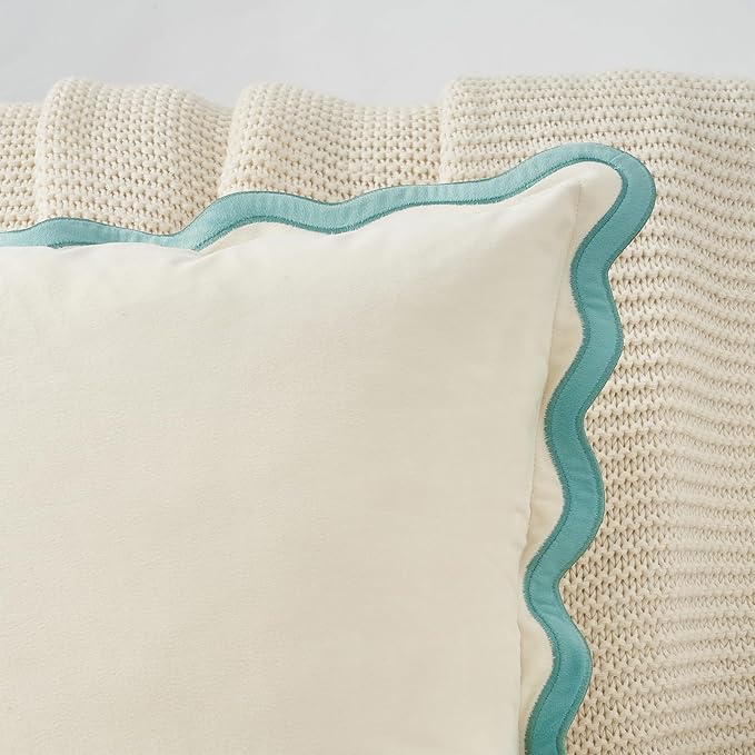 MONDAY MOOSE Decorative Throw Pillow Covers Cushion Cases, Set of 2 Soft Velvet Scalloped Wavy Edge Designs, Mix and Match for Home Decor, Pillow Inserts Not Included (16x16 inch, White/Light Blue)