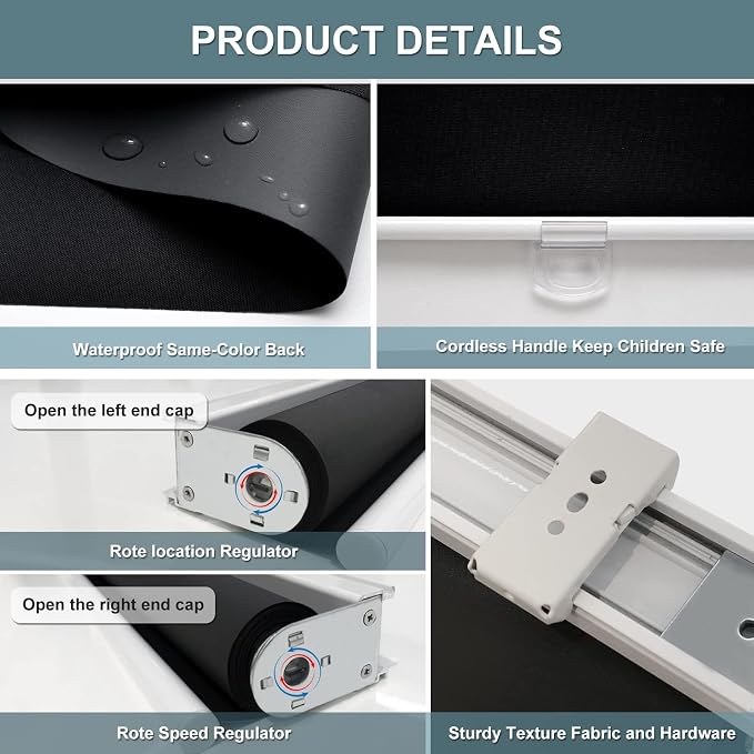AOSKY Cordless Roller Shades Blackout Blinds for Windows Room Darkening Rolled Up Shades with Spring System, UV Protection Window Shades Door Blinds for Home and Office (33.5" W x 72" H, Black)