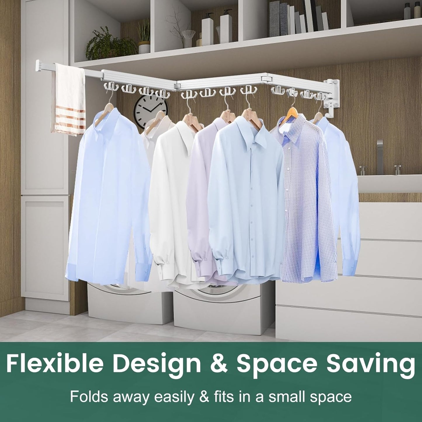 Wall Mounted Clothes Drying Rack, Laundry Drying Rack Wall Mount, 3-Fold Drying Rack Clothing, Foldable Clothes Drying Rack with 12 Dual Hooks Organization for Laundry Room Indoor - White