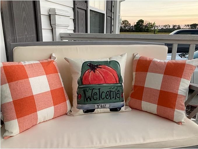 VAKADO Fall Outdoor Decor Throw Pillow Covers 18x18 Set of 2 Orange Buffalo Plaid Thanksgiving Front Porch Farmhouse Rustic Cushion Autumn Home Decorations for Couch Sofa Living Room
