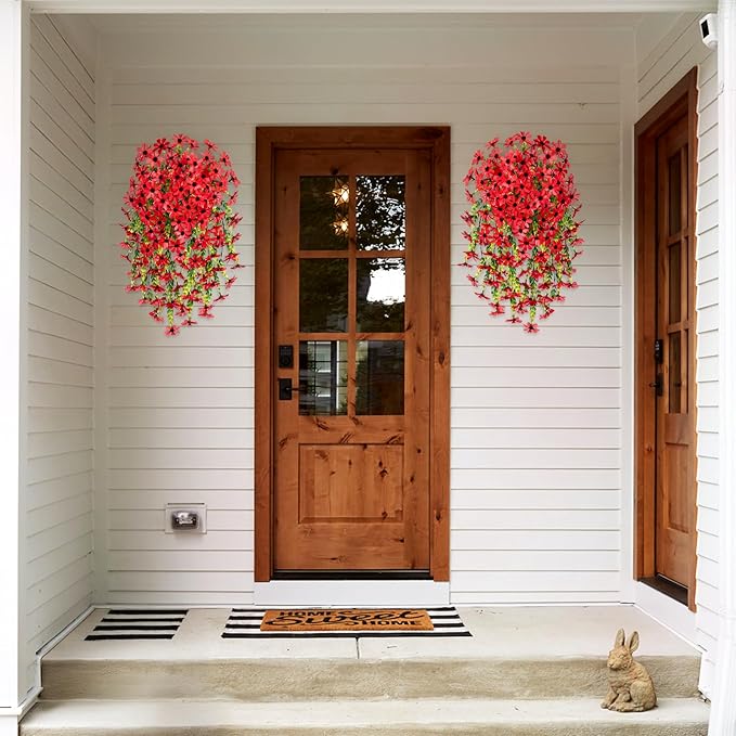 INXUGAO Artificial Hanging Flowers Plants with Basket for Outdoors, Realistic Faux Silk Daisy Flower Eucalyptus for Spring Decor, UV Resistant Fake Plants for Porch Patio Yard Balcony (Red)
