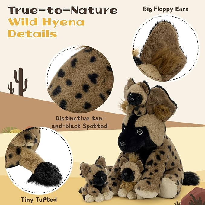 MorisMos 4 Pcs African Wild Dog Stuffed Animals, 18 Inch Mommy with 3 Baby Cubs, Soft Fluffy Animal Plush Toys Gifts for Kids, Wildlife Lovers & Collectors