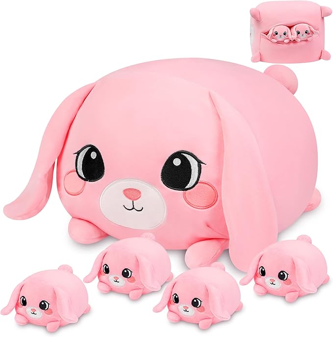 Pink Bunny Plush, Rabbit Mommy Stuffed Animal Set with 4 Baby Bunnies, Soft Stuffed Toy Pillow, Cute Birthday for Kids Boys Girls