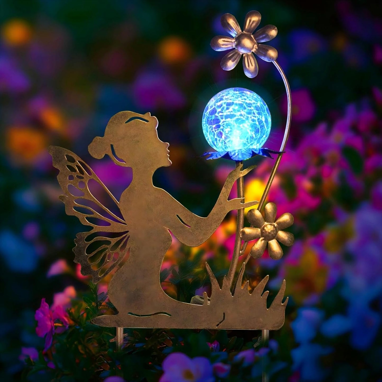 HONGLAND Solar Garden Lights Outdoor Decor, Fairy Figurine Moon Crackle Glass Lights Stake, Housewarming Ornament for Patio, Lawn, Yard, Pathway - Unique Gardening Gifts for Women Mom Grandma