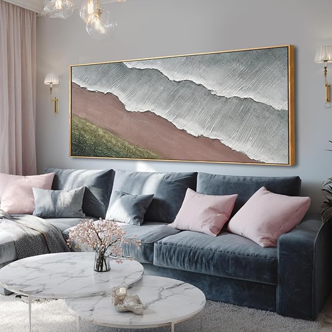 SHEYOYE Grey Blue and Taupe Abstract Mountain Canvas Wall Art with Olive Green Hills, 32x71 Large Textured Landscape Decor in Wooden Frame for Living Room Bedroom Entryway