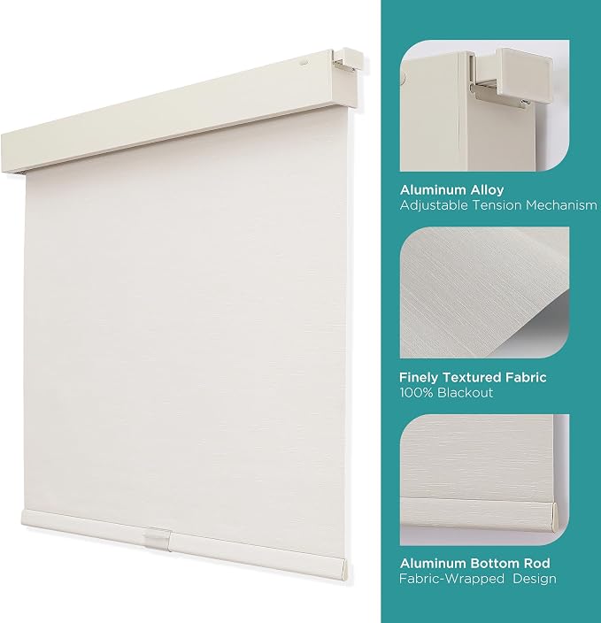 Joydeco No Drill Blackout Shades, Free-Stop Cordless Roller Shades, UV Protection, Thermal Insulated Blinds for Indoor Windows, Easy Install Window Blinds for Home and Office (Beige, Custom Size)