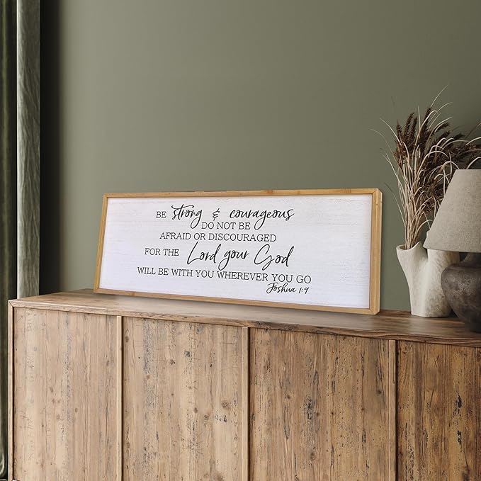 Be Strong And Courageous Sign Wall Decor 40"x15" Large Farmhouse Living Room Plaque Joshua 1:9 Bible Verse Inspirational Quote Positive Faith Home Hanging Rustic Catholic Scripture Christian Art (Wood)
