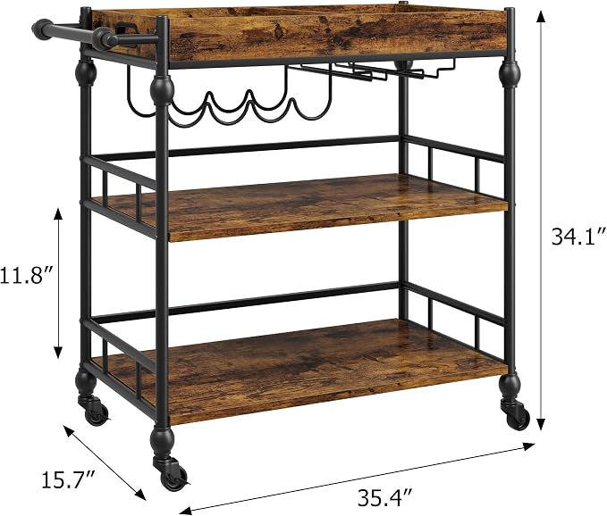 GarveeHome Bar Cart with Wheels, 3-Tier Serving Cart for Home, Mobile Rolling Beverage Cart with Wine Rack and Removable Tray for Kitchen, Dining, Living Room, 35.4" x 15.7" x 34.1", Rustic Brown