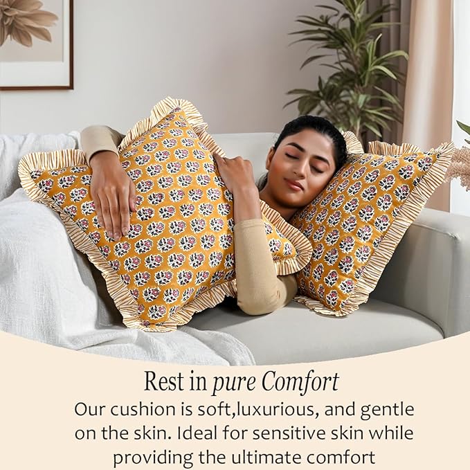CPC Yellow Citrine Ruffle Throw Pillow Covers for Couch, 20x20 Inch Cotton Stripe Ruffle Couch Pillows for Living Room, Hidden 16 Inch Zipper Boho Pillow Case or Cute Outdoor Ruffle Pillows