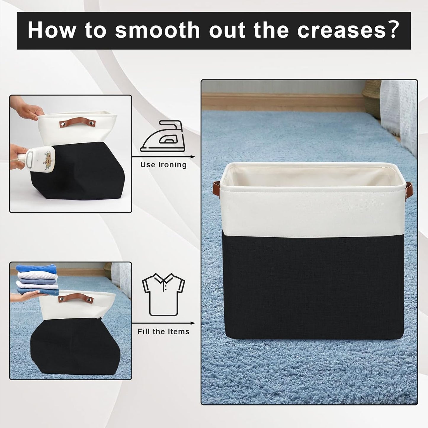 Large Fabric Storage Baskets | 50L Storage Bins, Decorative Linen Closet Baskets with Handles for Organizing, Shelf, Toys, Clothes, Home, Office, Nursery, 17x12x15Inches (Black&White)