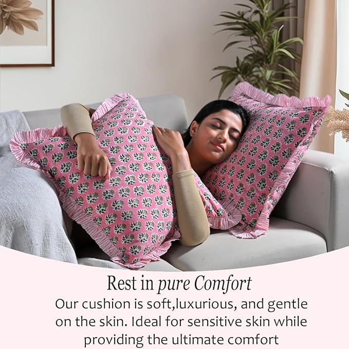 CPC Poppy Pink Ruffle Throw Pillow Covers for Couch, 16x16 Inch Cotton Stripe Ruffle Couch Pillows for Living Room, Hidden 12 Inch Zipper Boho Pillow Case or Cute Outdoor Pillows