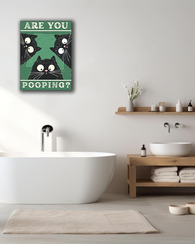 UPWOIGH Funny Are You Pooping Black Cat Bathroom Wall Art, 3 Cats Humor Quote Poster, Green Background Bathroom Decor, Wood Framed Canvas 12x16 Inch
