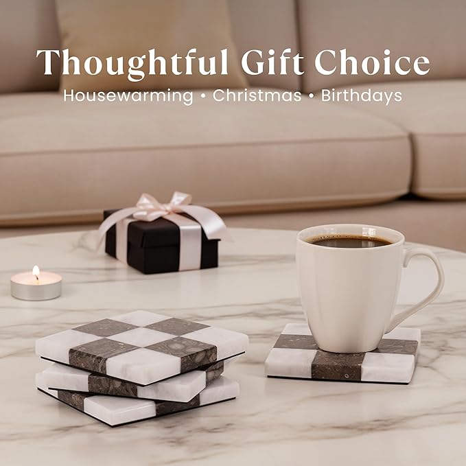 Marble Coasters Set of 4, White & Oceanic Handmade 4 inch Stone Coaster, Square Drink Checkered Coasters for Coffee Table, Stylish Bar Accessories & Modern Home Décor