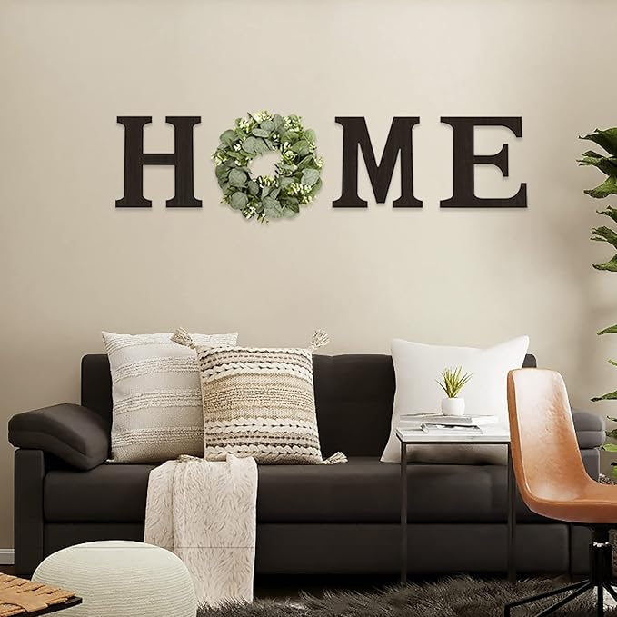 Pinkpum Wood Home Sign with Artificial Eucalyptus Wreath for O, Hanging Farmhouse Wall House Decor Wood Letters for Wall Art Rustic Home Decor, Wall Decor for Living Room Kitchen Entryway (Black)