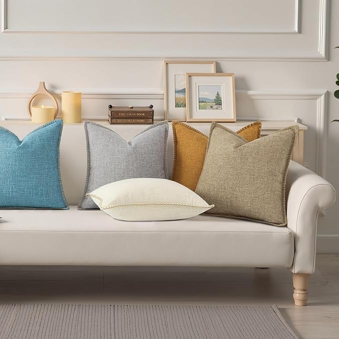 decorUhome Summer Decorative Throw Pillow Covers 16x16 Set of 2 Square Faux Linen Farmhouse Pillow Covers with Stitched Edge Outdoor Pillow Covers for Couch Sofa Living Room, Teal