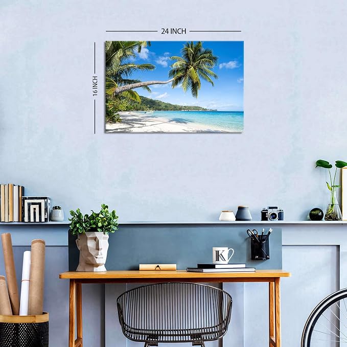 Tropical Palm Trees Wall Art Living Room Coastal Beach Nature Poster Canvas Prints Coconut Trees Seascape Painting Pictures Ocean Scenery Photography for Bedroom Office Modern Home Decorations 16x24"