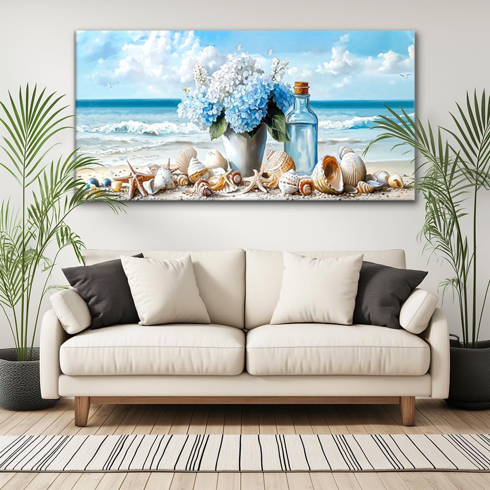 LASMOND Romantic Beach Wall Art for Living Room Blue Shells Conch Vase Canvas Prints Modern Large Flower Bottle Bedroom Ocean Artwork Decor (58x28 Inches)