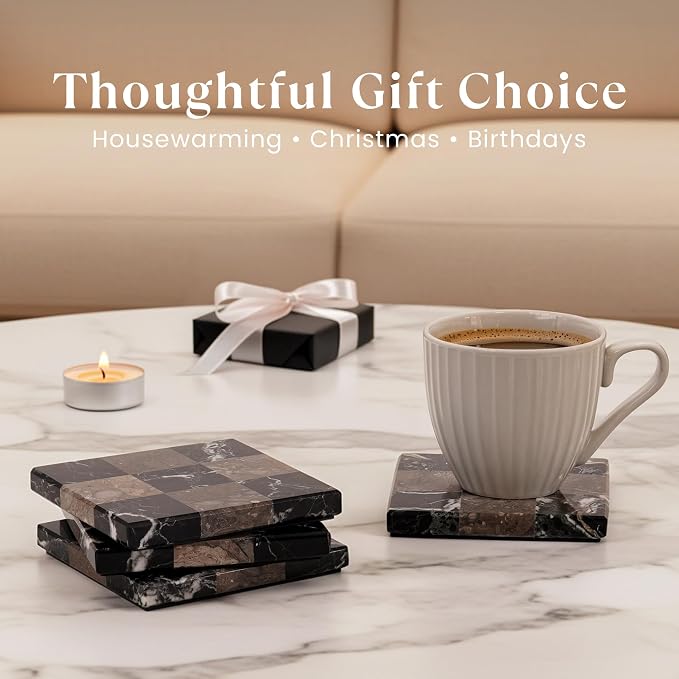 Marble Coasters Set of 4, Zebra Black & Oceanic Handmade 4 inch Stone Coaster, Square Drink Checkered Coasters for Coffee Table, Stylish Bar Accessories & Modern Home Décor