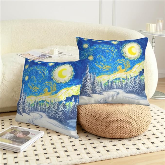 Winter Pine Forest Pillow Covers Van Gogh Starry Night Throw Pillow Covers Christmas Tree Pillowcase 24x24 Set of 2 Double Sided Printing Cushion Case for Living Room Couch Sofa