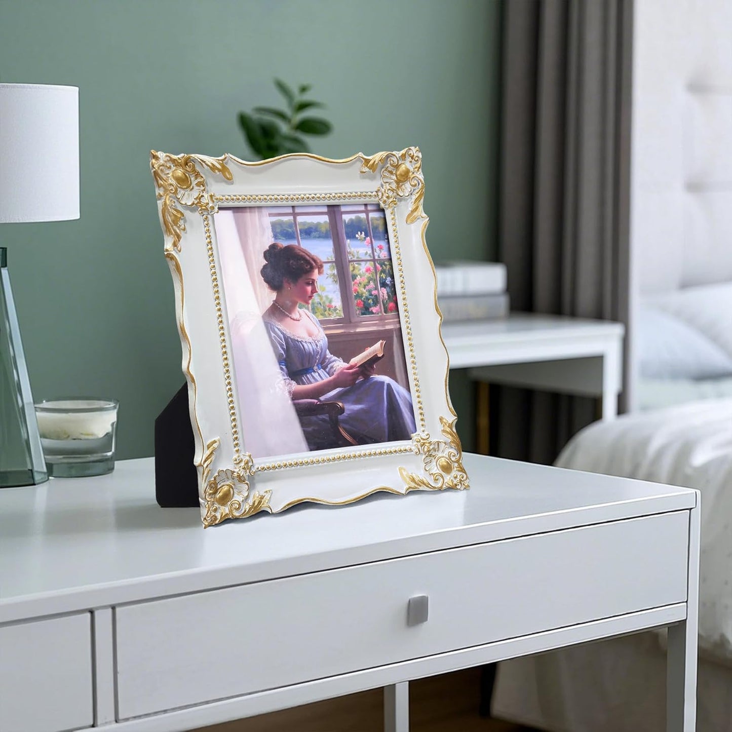 8x10 Vintage Picture Frame with Embossed Flower Design, White Ornate Frame for 8x10 or 5x7 Pictures with White Mat, Hand-Crafted Resin Antique Frames for Tabletop & Wall Hanging, Home Decor (White)