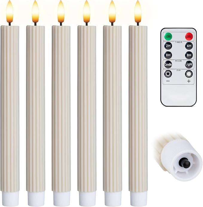 6 Pack, 10" LED Flameless Real Wax Cream Beige Fluted Ribbed Grooved Taper Candles, Remote & 24h Timer Memory, On/Off Button, Dimmable, Flicker Mode, Battery Operated, Wedding