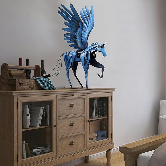 SunBlogs Art Horse Statue Décor Artwork, 24" H Handmade Metal Pegasus Greek Flying Horse Sculpture, Hand-Painted Animal Figurines for Home Living Room Office (Vintage Blue with Wings)