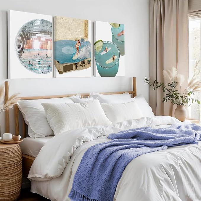 Blue Coastal Groove Wall Art Retro Disco Beach Canvas Poster Summer Surf Wall Decor Trendy Coastal Pictures Ocean Painting Preppy Aesthetic Prints Funky Artwork for Bedroom 16x24 Inch Ready to Hang