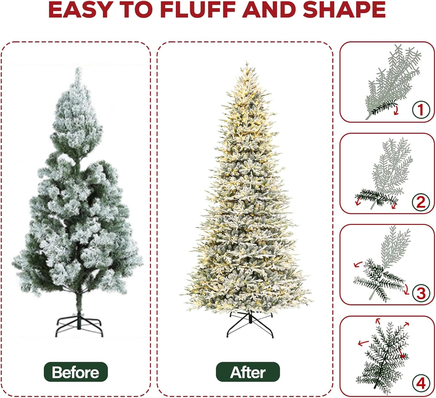 Hykolity 12 ft Prelit Snow Flocked Artificial Christmas Tree, 8109 PE&PVC Branch Tips, 850 Warm White LED Lights, Easy Assembly with Metal Stand and Hinged Branches