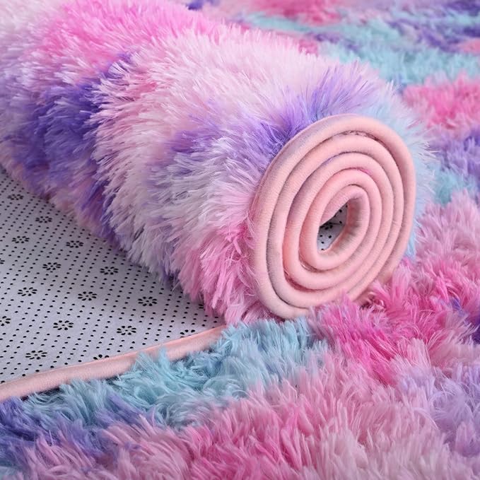 AROGAN Soft Rainbow Area Rugs for Girls Room 4x6 Feet, Fluffy Bedroom Rugs, Princess Rug, Cute Colorful Carpet for Kids Teens Nursery Toddler, Hot Pink