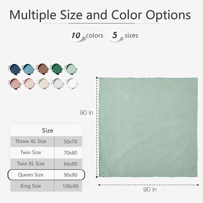 Carriediosa 100% Cotton Muslin Throw Blanket 90" X 90" Queen Size,4-Layers Summer Gauze Throws for Bed Couch,Soft Lightweight Breathable Linen Blankets Bedspread for Adults All Season,Sage Green