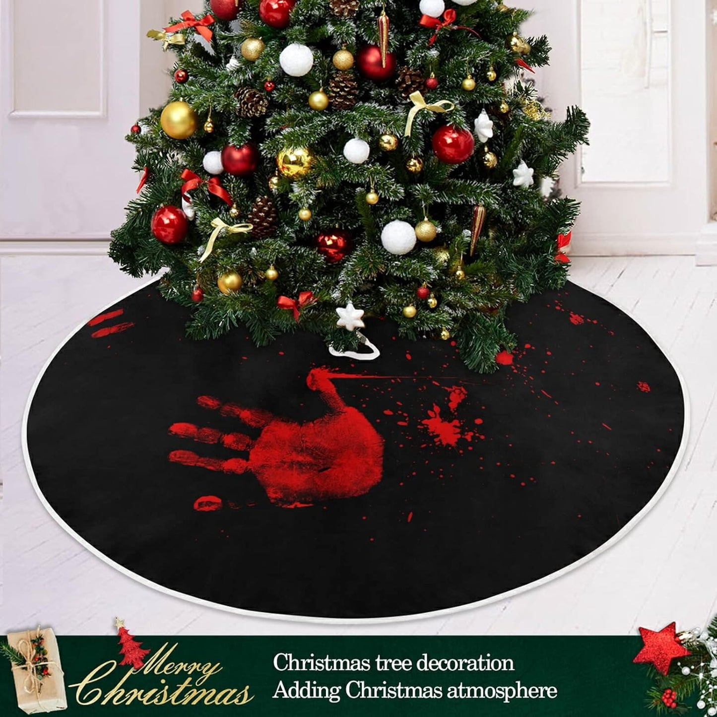 Halloween Bloody Hand Paw Spooky Tree Skirt, Seasonal Tree Mat Holiday Party Supplies Ornaments Indoor Outdoor Decorations for Tabletop Trees 47.2 Inches