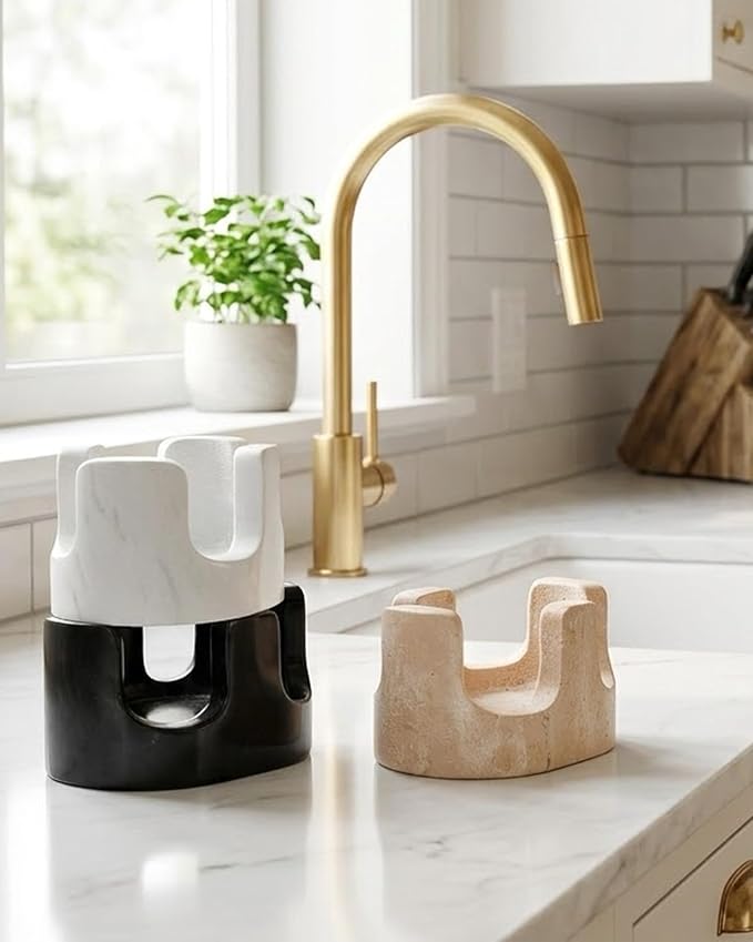 White Marble Sponge Holder for Kitchen Sink, Dual Slot Stone Caddy,Carrara White | 2-in-1 Natural Stone Sponge & Brush Holder, Raised Edge Helps Catch Water, Keeps Countertops Dry , Keeps Countertop Dry