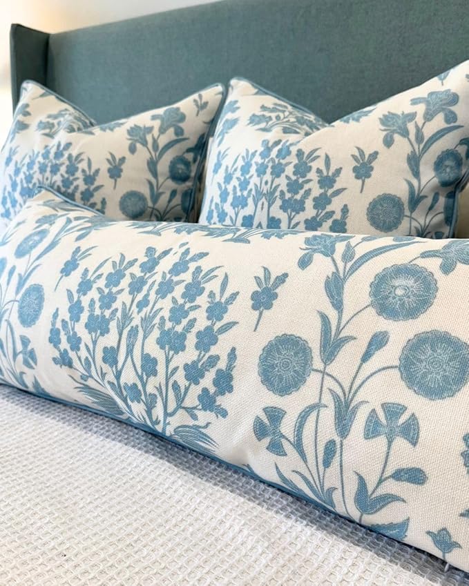 Jillien Harbor “The Charlotte” Bright Sky Blue Floral Block Print Pillow Cover – Off-White Decorative Throw Pillow Cover – Grandmillennial Home Decor, 20" x 20"