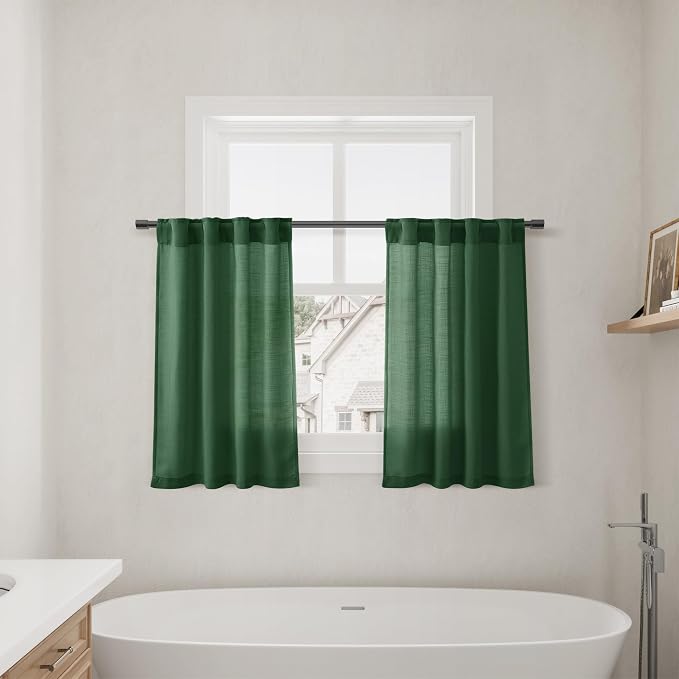Green Linen Cafe Farmhouse Kitchen Curtains 36 Inch Length Linen Privacy Light Filtering Pleated Short Curtains with Rod Pocket Back Tab for Over Sink Cafe Bathroom Laundry Room 2 Panels 26Wx36L