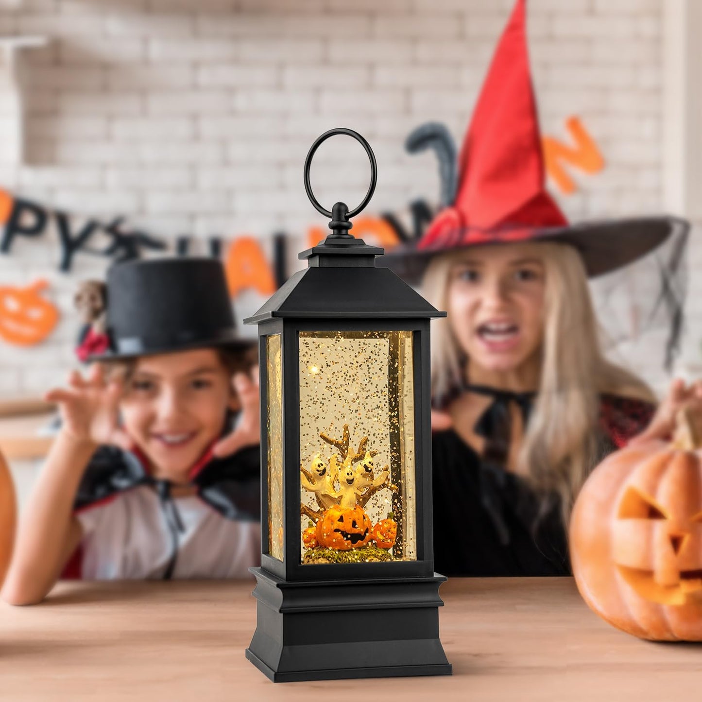 Halloween Snow Globe Lantern Water Glittering Spooky Ghosts in Pumpkins with Music, USB Lined/Battery Operated Lighted Lantern for Halloween Festival Decoration Gifts