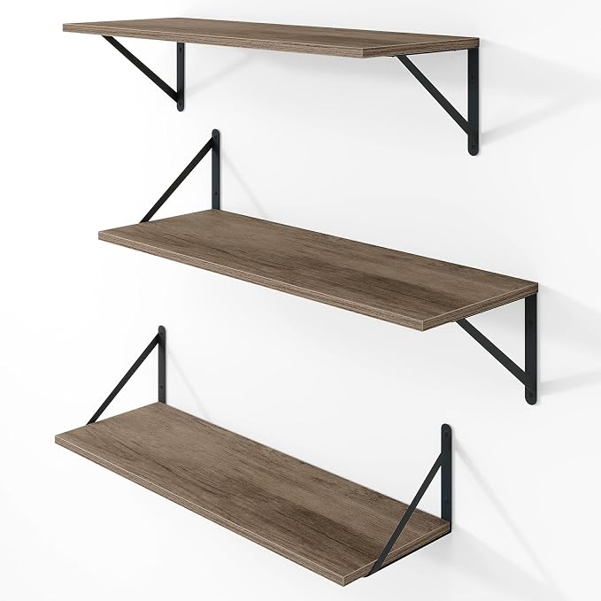 Vivelove Deep Floating Shelves for Wall, 24W x 8D Rustic Grey Wood Wall Shelves Set of 3, Large Floating Shelf for Living Room, Kitchen, Office, Bedroom and Decor Storage, with Metal Bracket - Grey