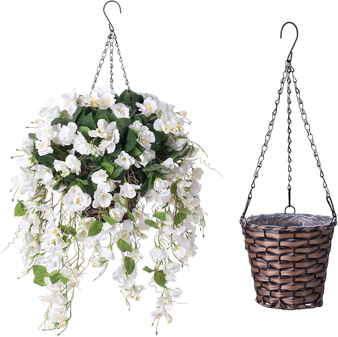Artificial Fake Hanging Hibiscus Flowers Plants Baskets for Outdoor Decoration, Faux Silk Hibiscus Long Vines in Planter UV Resistant Realistic Flowers for Outside Porch Patio Home Decor, White