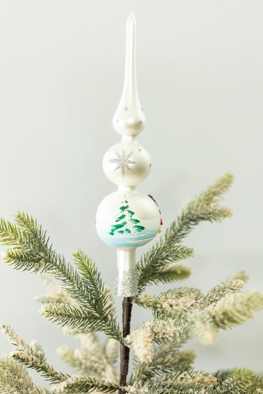 Christmas Tree Topper Spitz Glass Mouth Blown Hand-Decorated Embellishments (Silver, 12 inch)
