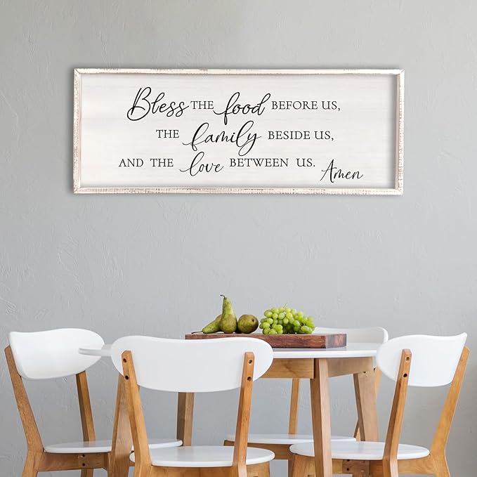 Surfapans Bless the Food Before Us Wall Decor, 40"X15" Farmhouse Dining Room Family Kitchen Sign, Christian Bible Verse Scripture Vintage Home Framed Wood Wall Art (White)
