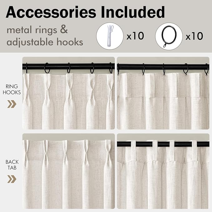 MIULEE Pinch Pleated Thick Linen Curtains 24 Inches Long 2 Panels for Kitchen Bedroom, Small Short Linen Textured Memory Trained Drapes Pleat Back Tab Light Filtering Natural Half Window Curtains