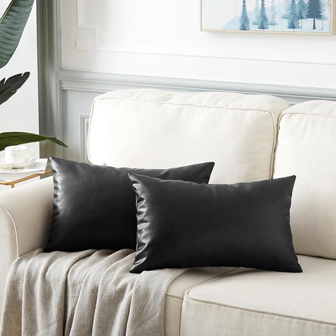 Fancy Homi Black Faux Leather Boho Lumbar Decorative Throw Pillow Covers 12x20 Inch, Thick Modern Solid Cushion Case Set 30x50 cm for Couch Sofa Bedroom Living Room, Rustic Modern Farmhouse Home Decor