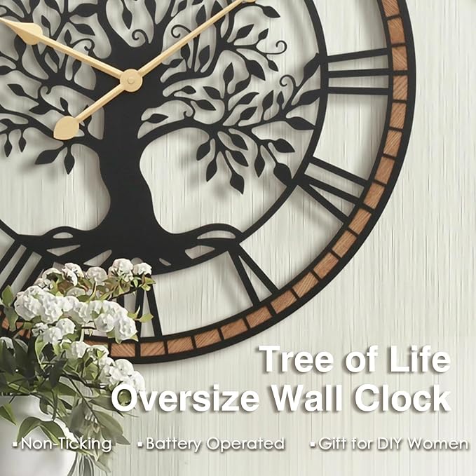 Micasso Farmhouse Oversize Wall Clock: 32Inch Rustic Tree of Life Metal with Wood Frame - Vintage Battery Operated Wall Clocks for Living Room/Fireplace/High-Ceiling - Home Decor for Housewife