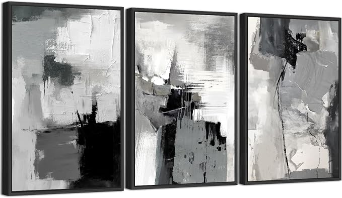 Large Framed Canvas Wall Art - Retro Grey Graffiti Pictures for Living Room Rustic Abstract Wall Decor Vintage Prints for Bedroom Dinning Room Black Float Framed 24" X 36" X 3 pcs