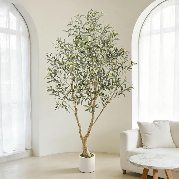 6FT Artificial Olive Tree with Elegant Planter & Moss, Faux Olive Tree Indoor with Natural Wood Trunk & Lifelike Leaves, Tall Fake Plant for Living Room Home Office Decor – Housewarming Gift