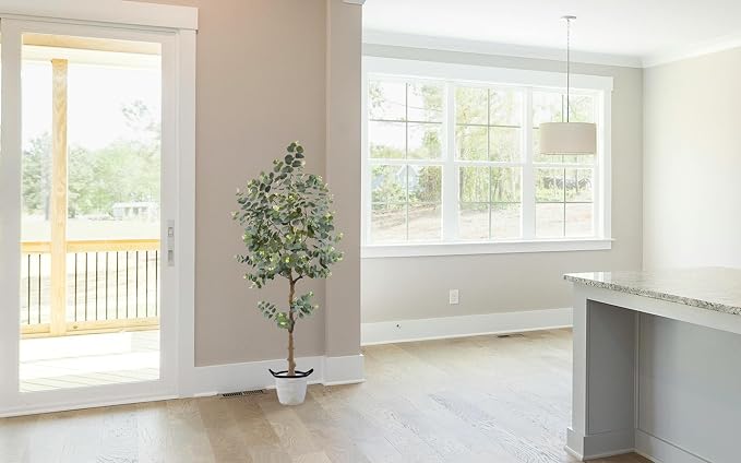Artificial Eucalyptus Plant 5ft, Fake Tree with Basket, Faux Eucalyptus Plants with White Silver Dollar Leaves, Faux Floor Trees for Home Office Decor Indoor Outdoor