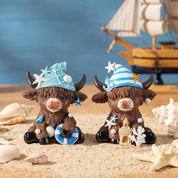 Karenhi 2 Pcs Summer Ocean Highland Cow Figurines, Nautical Resin Cow Decor with Anchor, Starfish, Shell and Coral, Coastal Farmhouse Beach Figurines for Home Table Shelf Decoration
