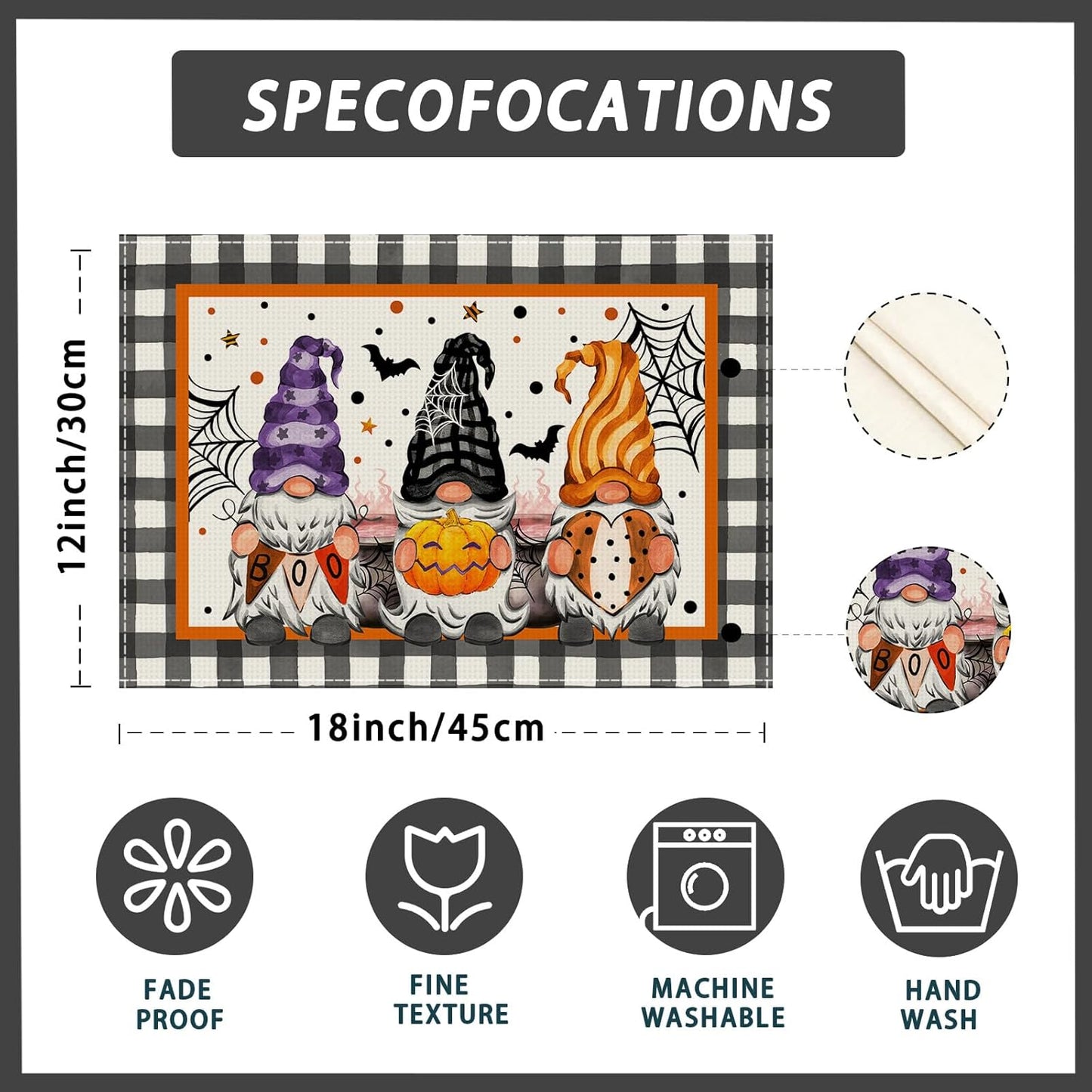 XCHI Spooky Boo Plaid Gnome Halloween Placemats Set of 4 Table Mats for Party Home Kitchen Dining Table Decorations 12x18 Inch