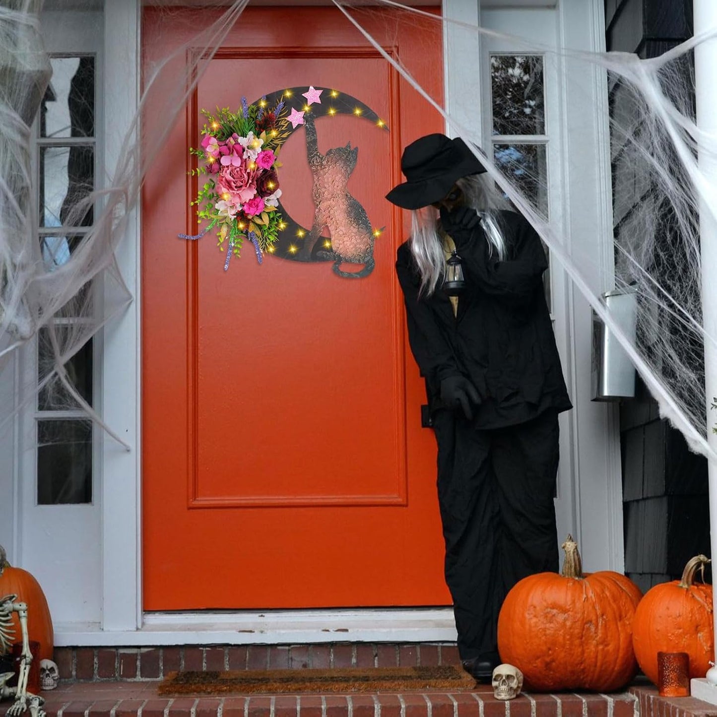 Halloween Wreaths for Front Door with Light, Black Cat Crescent Moon Wreath, Cute Cat Garland Halloween Door Decorations for Outdoor Indoor Decor Wall Window Home Party