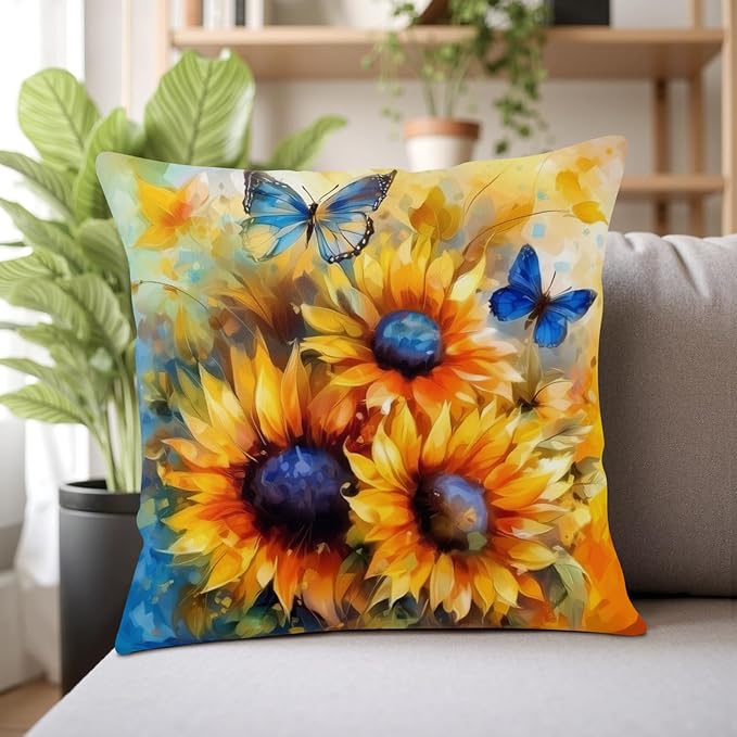 Oil Painting Sunflower Pillow Covers Sun Flower with Butterfly Throw Pillow Covers 24x24 Set of 2 Vintage Pillowcase Double Sided Printing Cushion Case for Home Decor Outdoor Sofa