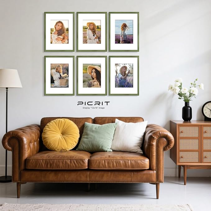 Picrit 12x16 Picture Frame Set of 12, Display 8.5x11 with Mat or 12x16 without Mat, Photo Frames for Wall Mounting Display, Green Wood Grain